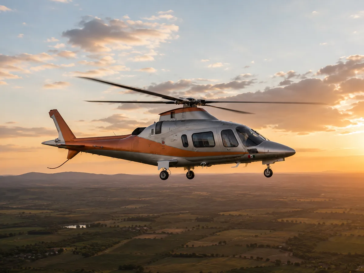 Helicóptero bimotor Agusta A109 en vuelo al atardecer